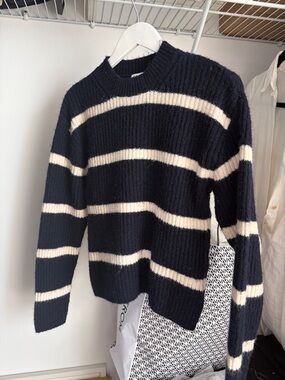 H&M Navy and Cream Striped Crewneck Sweater